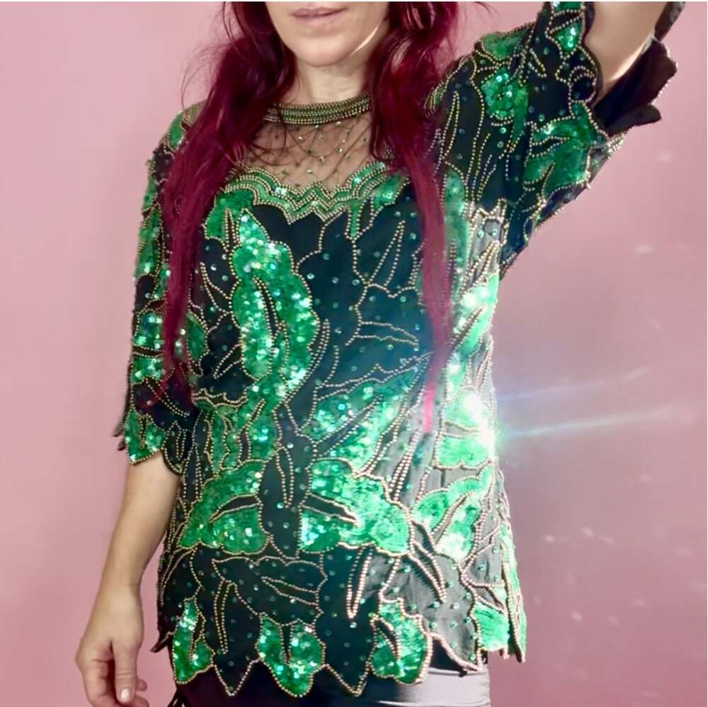 Vintage 80s Monika Silk Sequin Blouse | Emerald Green Black Maximalist Glam XL